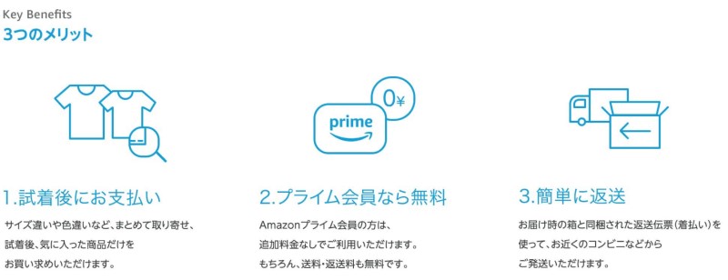 プライム・ワードローブのメリットは以下の通り。商品を選んで、自宅で試着をして、購入もしくは返品（プライム会員は送料返品無料）